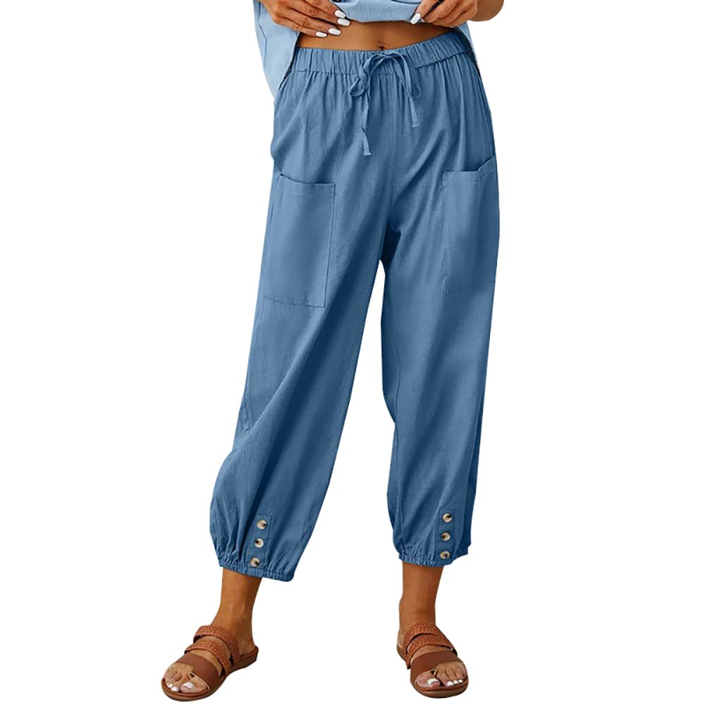 Cotton Pants for Women Casual Plus Size High Waist Drawstring Button Capris with Pockets for Women