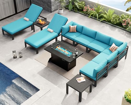 NICESOUL 11 Piece Extra Large Contemporary Aluminum Outdoor Furniture Set with Chaise Lounge & Fire Pit Table, 29' Deep Couch Set, 500 lbs High Weight Capacity Patio Sectional Sofa for Poolside, Teal