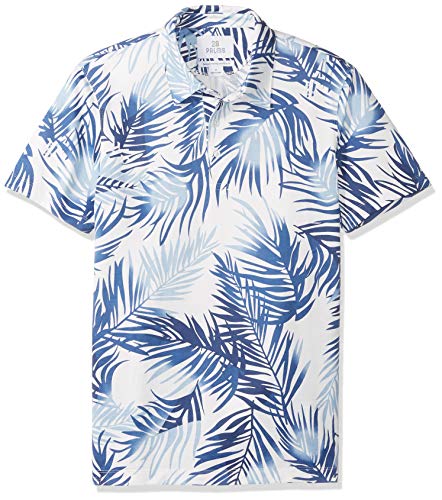 Amazon Brand - 28 Palms Men's Relaxed-Fit Performance Cotton Tropical Print Pique Golf Polo Shirt, Navy/Light Blue Palm Leaves, X-Large