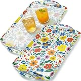 Extra Large Floral Serving Tray with Handles, 19''x11.6'' Boho Botanical Melamine Platters for Serve Food, Turkey, Cookie, Cupcakes, Desserts, Dishwasher Safe, Vibrant Folk Art, Set of 2,Mats Included