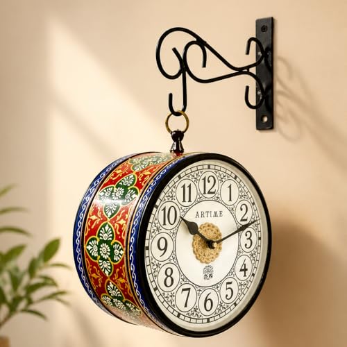 Image of Handcrafted Double Side Metal Analog Vintage Wall Clock | 1.5 Year Machine Warranty | 6 INCHES | 1 Side Number 1 Side Roman,Color (Multicolor)