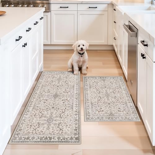 BYYVOO Kitchen Rugs Non-Slip Washable 2 Piece, Modern Boho Low