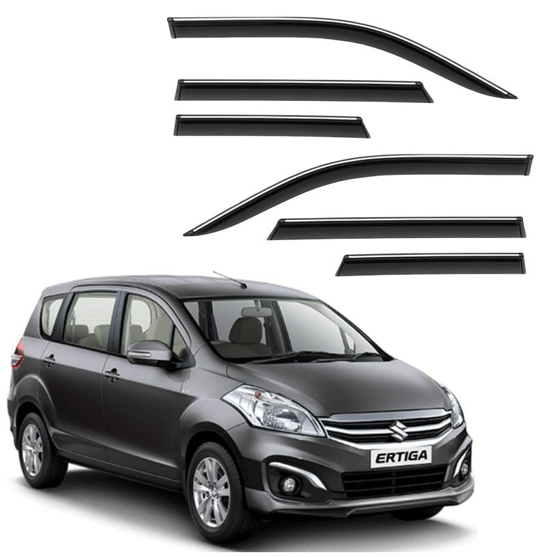 Image of CAR SAAZ Side Door Visors for Ertiga Type 1 & 2 (2012-2017)(Set of 6Pcs)|Chrome Lined Rain Guards, Polycarbonate, Smoke Finish