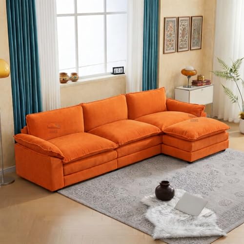 Image of SRMS Sectional Sofa Modern Deep 4 -Seat Sofa Couch | 3 + 1 ottoman | Chenille Sofa Sleeper Comfy Upholstered Furniture for Living Room, Apartment, Studio, Office | L Shape | Orange