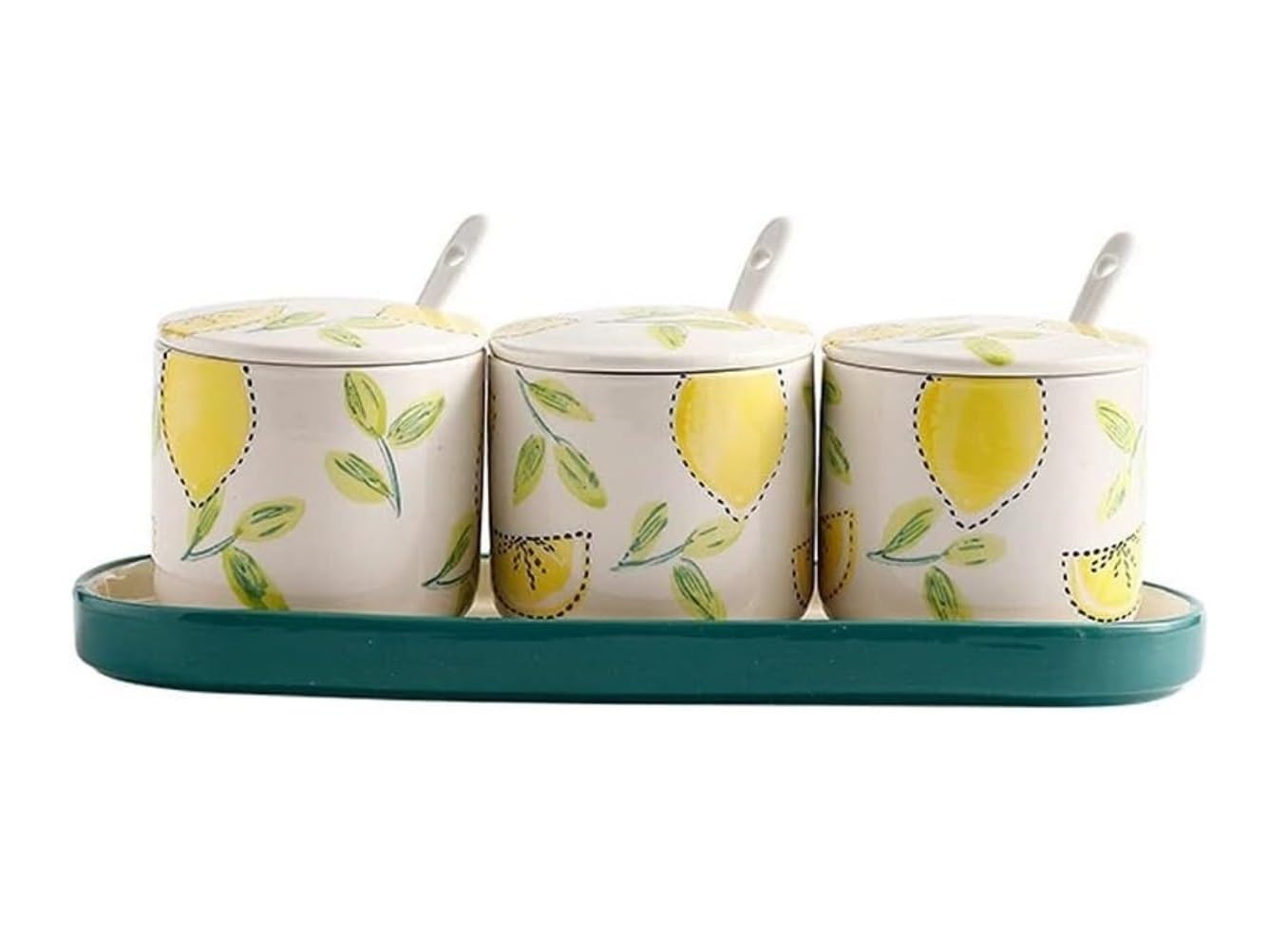 CMBSSTFC Barattoli per Condimenti, Contenitore per Sale da Cucina, Set di Contenitori per Condimenti in Ceramica con Coperchio A Cucchiaio E Vassoio, Scatola per Condimenti Stampata, Bottiglia di