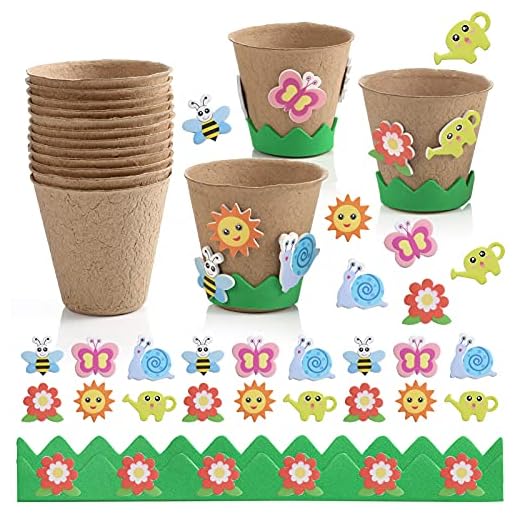 Ayfjovs Garden Paper Pot Craft Kit 15 Pack Flower Plant Spring Craft with 105 PCS Adhesive Foam Stickers and 15 PCS Paper Mache Pots, Flower Planting Growing Kit Science and Garden Gift for Kids