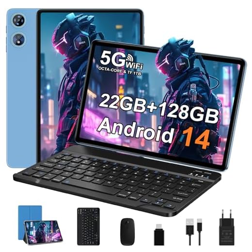 Tablet Android 14 Tablet 10 Pollici con 22GB RAM+128GB ROM(TF 1TB) Octa-Core 2.0 GHz, Tablet Widevine L1, 5G WiFi, Bluetooth 5.0, 8000mAh, Face ID, GMS, FHD, 5MP+8MP, Tablet con Tastiera e Mouse, Blu