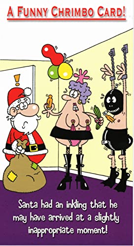 Rude Funny Christmas Card For Adult Friends - Chrimbo - Santa Arrives at Inappropriate Moment. BDSM Cartoon