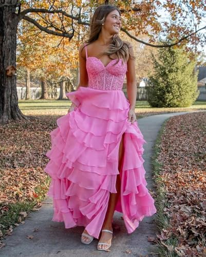 Lace Appliques Tiered Prom Dresses with Slit 2025 Spaghetti Strap Corset Ruffle Chiffon Formal Evening Gowns4