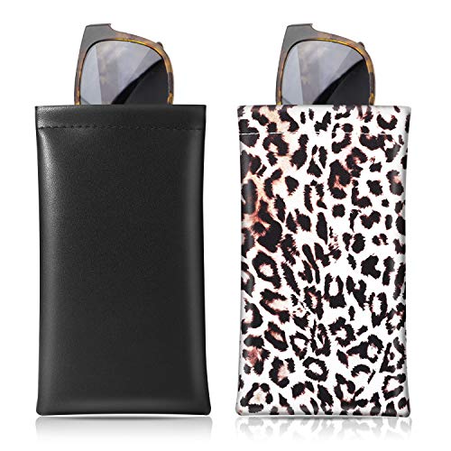 MoKo Fundas de Gafas Suave (2 PZS), Estuche para Gafa de Sol PU Bolsa de Almacenamiento de Gafas con Paño de Limpieza, Negro + Leopardo