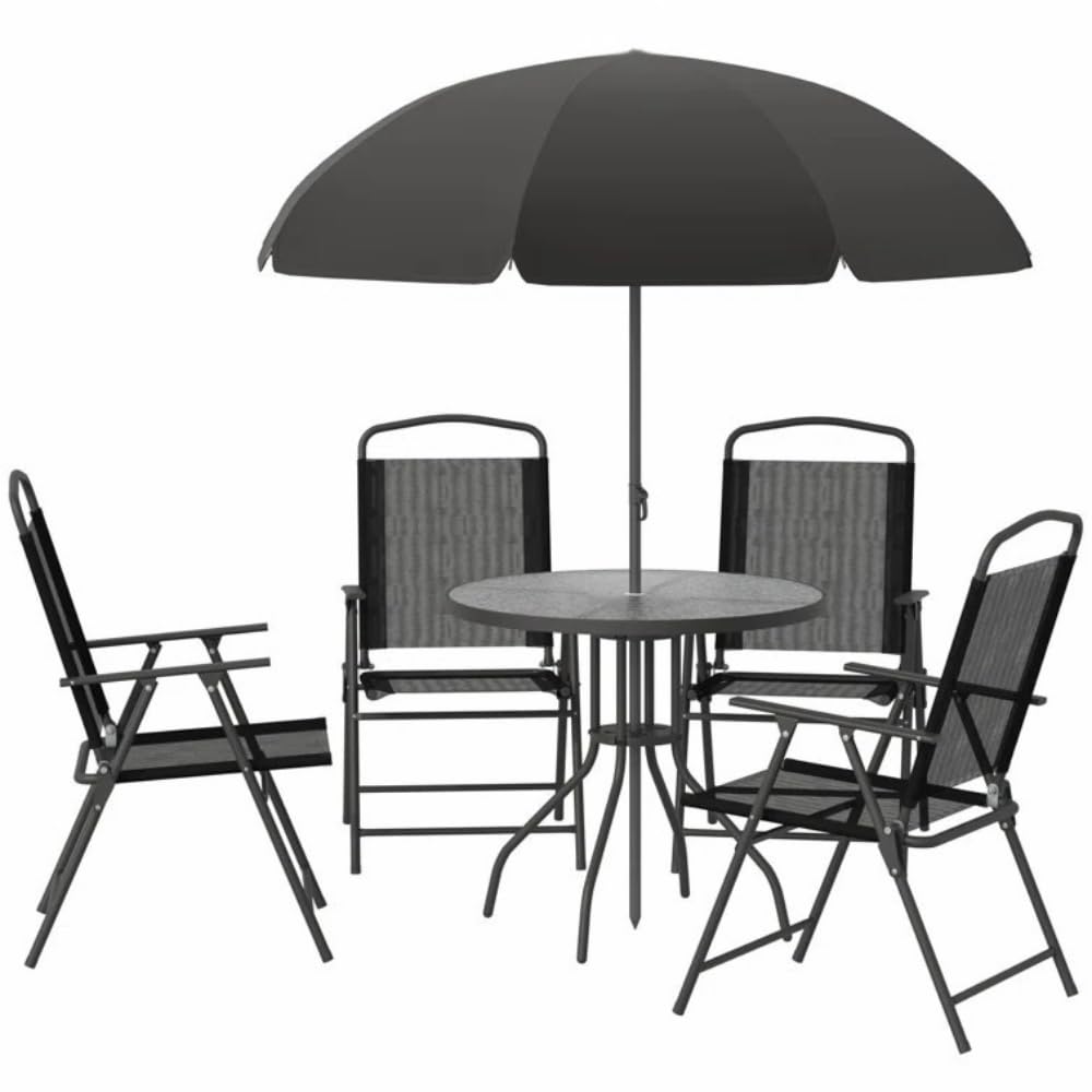Garden Mile Modern Folding 6 Piece Furniture Set Weatherproof Table, Parasol Umbrella and 4 Chairs Set - Indoor Outdoor Decorative Accessories (Black & Silver)