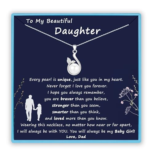 Sereney Mothers Day Gifts for Daughter from Dad as To My Daughter Necklace from Dad, Sterling Silver Father Grown Daughters Gifts from Daddy as Freshwater Pearl Necklace for Daughters from Daddy
