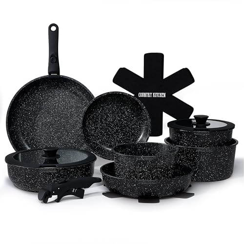 Image of Country Kitchen Cookware Set with Removable Handle, Oven & RV Safe Pots and Pans Set, Black, Deluxe Larger Set