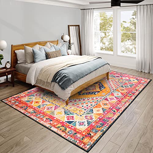 Ojia Washable Area Rug 5'X8', Non-Slip Living Room Rugs, Ultra-Thin Bedroom Rug Soft Accent Rugs, Retro Floral Print Floor Carpet Pink Rugs For Dining Room/Kitchen/Playroom/Farmhouse/Home Decor #TOP7