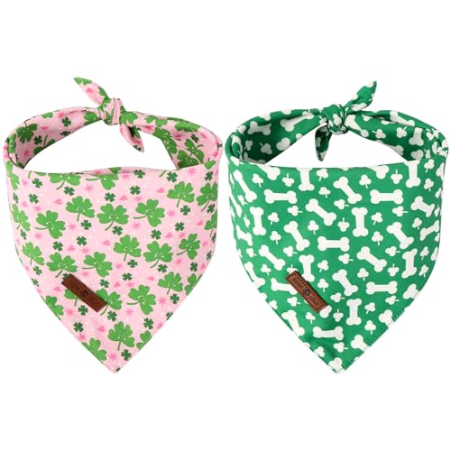 Lionet Paws St. Patrick 2pcs Dog Bandanas, Green Clover Dog Scarf Bib Premium Fabric, Happy St. Patrick Pink Bandanas for Medium Large Dogs Pets