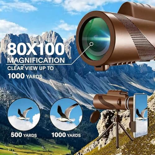 Image of Monocular-Telescope 80x100 High Powered Monoculars High Definition for Adults High Powered with Smartphone Adapter Telescope Hunting Wildlife Bird Watching Travel Camping Hiking-Brown