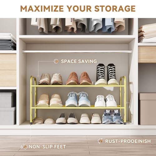 Image of Modern Shoe Rack, 2 Tier Heavy Duty Metal Mesh Shoe Shelf 27 Inch Wide, Gold