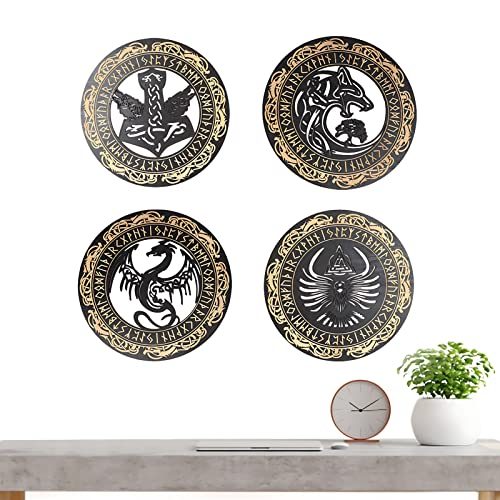 Arsey 4 Pack Viking Wooden Wall Art Nordic Thor's Hammer Wolf Fenrir Dragon Tree of Life Symbol Wall Sculptures Gifts for Men Living Room Bedroom Hallway and Stairs Decor - Image 2