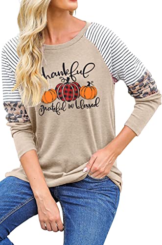 Thankful Grateful Blessed Print T Shirt Women Thanksgiving Pumpkin Long Sleeve Blouse Leopard Printed Striped Fall Tee Tops Gray #TOP2