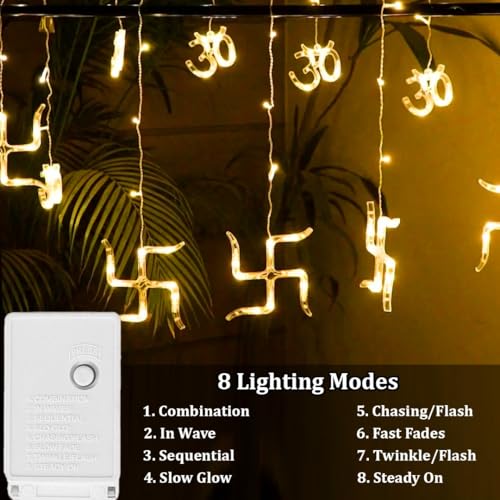 Image of fizzytech Om Swastik Curtain String Lights with 8 Lighting Modes, Warm White Decorative Hanging Fairy Lights for Home, Temple, Diwali, Christmas, Bedroom, Window & Party Decoration