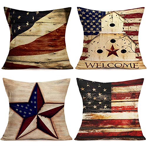 Qinqingo Set of 4 Vintage American Flag Throw Pillow Covers 4th of July Independence Day USA Patriotic Pillow Case 18x18 Inch Cotton Linen Farmhouse Decorative Square Cushion Cover for Sofa Bed
