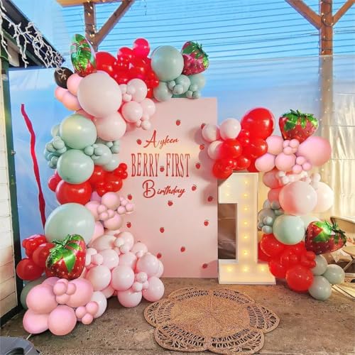 Image of JOGAMS 172Pcs Strawberry Balloon Arch Garland Kit with Pearl Pink Dusty Green Foil Balloons for Berry First Sweet One Strawberry Theme Birthday Baby Shower Party Decorations for Girls
