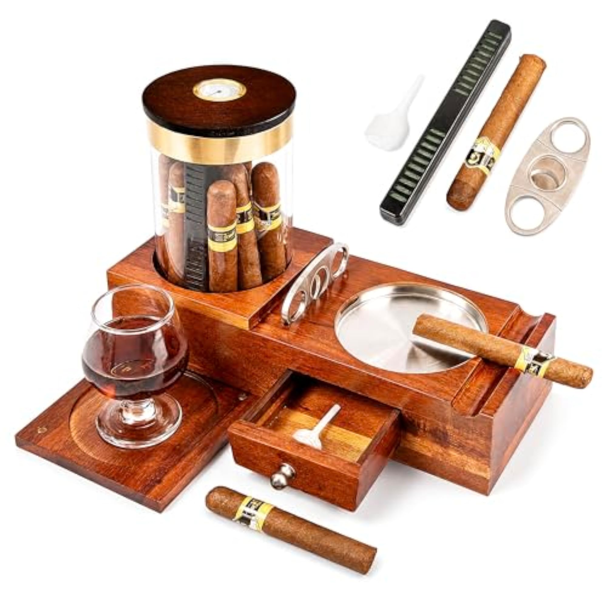 KING'S 20-Cigar Humidor & Ashtray Set, Solid Wood