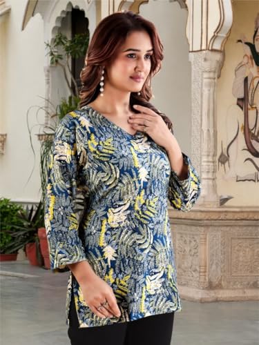 Image of Women's Cotton Printed Short Kurti, Round Neck, Three Quarter Sleeve, Straight Fit, Pack of 2