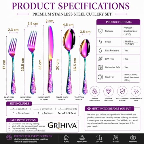 Image of 5 Pcs Rainbow Floaral Stainless Steel Cutlery Set for Dining Table with Spoon and Fork Set & Butterknife - The Perfect Tableware /Flatware