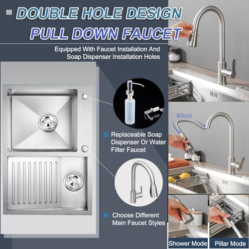 Stainless Steel Double Bowl Laundry Sink with Washboard & Pull-Out Faucet, Easy to Clean Household Wash Basin for Bathroom & Utility Room Use