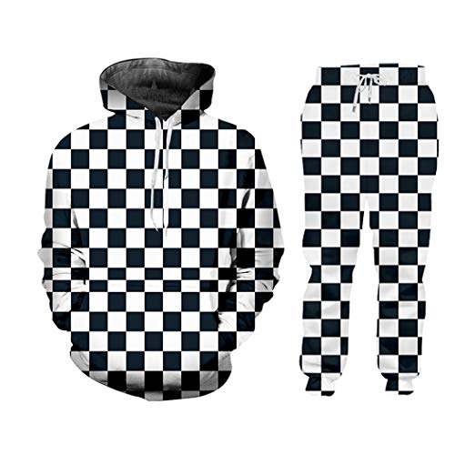 Black White Plaid Checkerboard Casual Sweatshirt And Pants 3D Crewneck Hoodie Pullovers Men Women Tracksuit Hs02203 L #TOP1