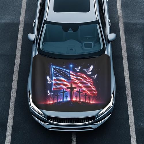 Image of American Flag Cross Print Car Hood Cover Stretchable Car Bonnet Banner Polyester Can be Washed Engine Cover Protective Vehicles Decorate Accessories