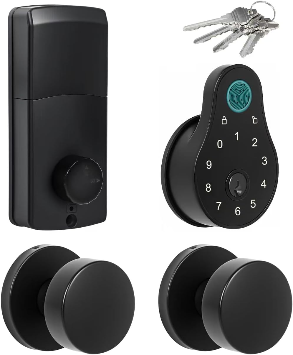 keyless Entry Door Lock deadbolt with Handle Set-Code,Key,Fingerprint deadbolt and Black Door knobs-Touchscreen Keypad Deadbolt Smart Locks for Front Door- Easy Install-Auto Lock