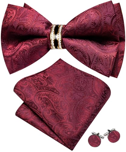 Image of YOHOWA Mens Bow Tie Set Paisley Pre-tied Bowties Adjustable with Handkerchief Cufflinks Gold Ring Set Wedding Prom Party