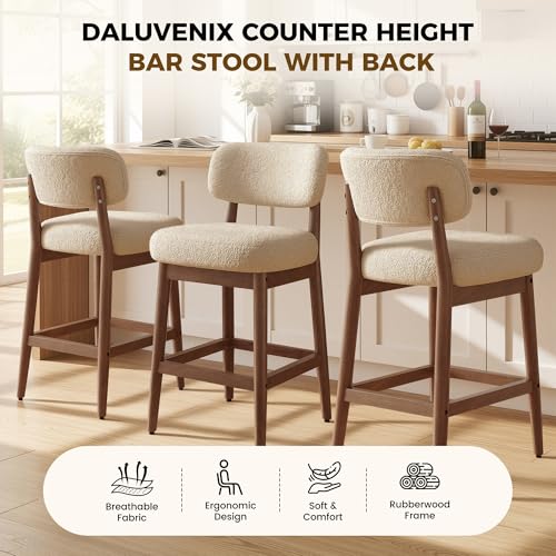 Image of Counter Height Bar Stools Set of 2, Mid-Century Modern Boucle Bar Chairs with Solid Wood Frame, Fluffy Upholstered Stools with Backrest for Kitchen Island, Home Bar, Oatmeal