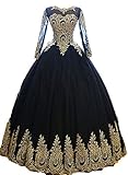 Fabric: Tulle and Gold Lace Applique. 100% imported. Features: Long Sleeves, High Waist, Lace Up Back, Floor length, Quinceanera Dresses. Size Check: Please refer to our SIZE CHART on the picture (NOT Amazon size chart) to ensure a good fit before pl...