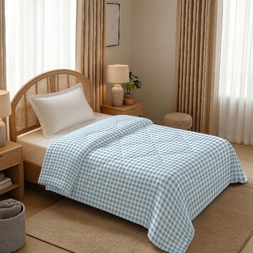 Image of MORADO Glace Cotton AC Comforter /Blanket /Quilt for Single Bed | Soft & Breathable Lightweight AC Quilt | Reversible All Season Bedding Comforter |Size 60x90 Inches,White Grey Check,Single
