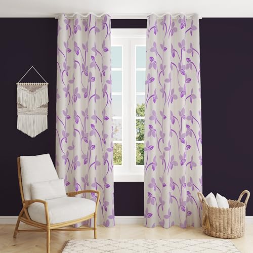Image of Floral Printed Home Decor Curtains for Living Room, Bedroom Doors and Windows Panel, Parda, Eyelets Hanging, Purple, 4 x 5 Feet, Pack of 2