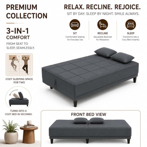 Image of Adorn India Alyssum 3 Seater Sofa Cum Bed 4X6 Velvet 2 Cushions (Color Grey) and Suitable for All Indoor, with 3 Years Warranty