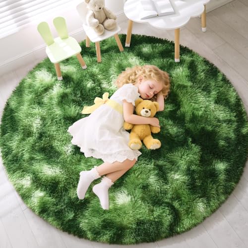 EVOIONOS ‌Tie-Dye Green Round Rug Bedroom, 4x4 Ft Fluffy Soft Circle Area Rugs Living Room, Plush Shaggy Circular Carpet Indoor Floor Bedside Kids Nursery, Machine-Washable Home Decor Aesthetic