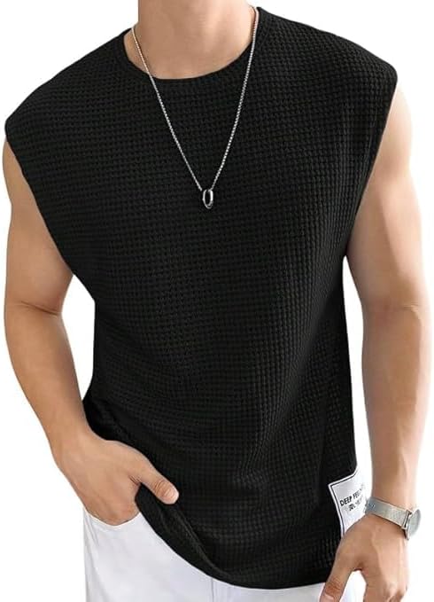 SaklanaMen's Waffle Tank Tops Sleeveless Round Neck Polycotton T-Shirt for Gym, Running and Outdoor Vest