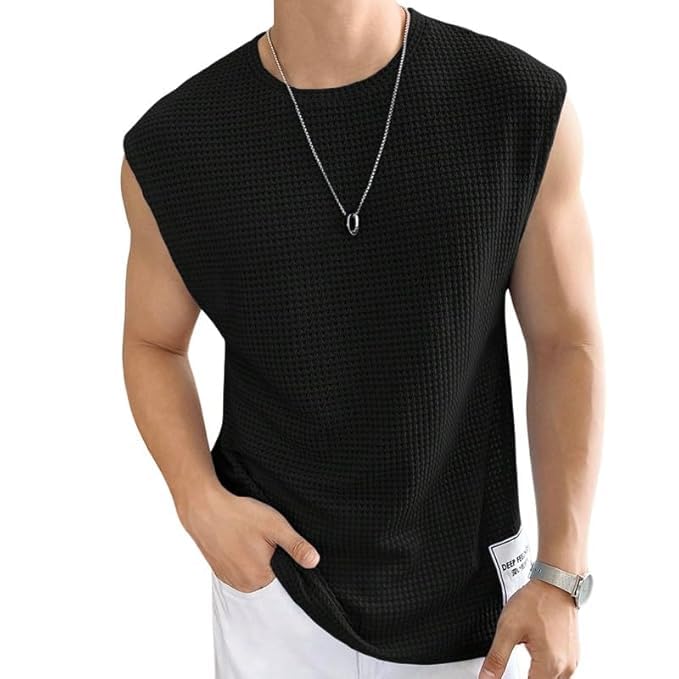 SaklanaMen's Waffle Tank Tops Sleeveless Round Neck Polycotton T-Shirt for Gym, Running and Outdoor Vest