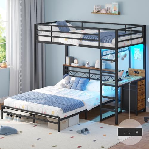 Twin Over Full Size Bunk Bed with Desk, 4 Storage Drawers and Practical Headboard, Bunk Bed for...