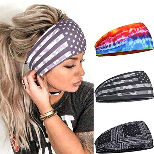 Urieo Boho Wide Headbands Black Yoga Vintage Printed Hair Bands Stretchy Bohemian Non Slip Head Wraps Sport Runing for Women and Girls (Pack of 3)