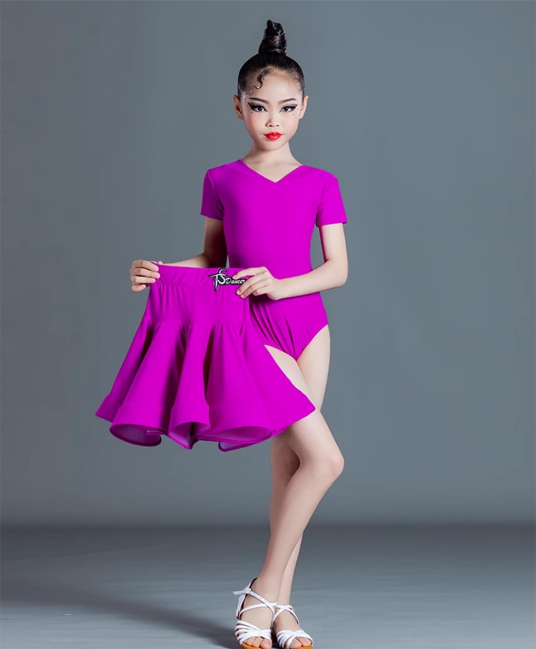 OTMYIGO Vestido latino de manga larga para niñas, vestido de leotardo de salón de baile, vestido de baile latino, vestido de bailarina, competición de baile