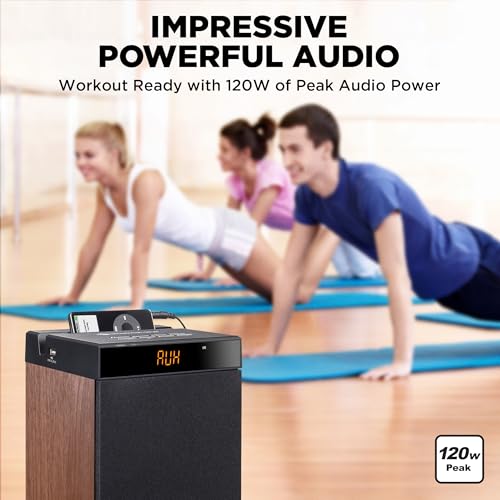 Image of GOgroove Bluetooth Tower Speaker with Subwoofer Built in - Floorstanding Home Speaker with Powerful Bass and Dual Drivers, 120W Peak Power, MP3 3.5mm Aux, USB 2.0 Port Flash Drive, FM Radio (Walnut)