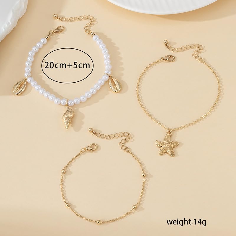 Image of Ankle Bracelets for Women Waterproof Beach Jewelry for Women Elastic Beaded Anklets Boho Seashell Pearl Starfish Anklets for Women Foot Jewelry