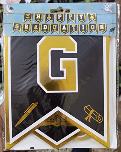 Image of Atpata Funky Happy Graduation 5 Feet Black & Gold mortarboard hat Shaped Flags Cardstock Banner