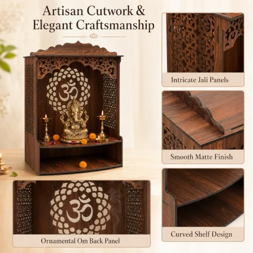 Image of The Castle Decor Wooden Mandir for Home, Wall Hanging & Tabletop Pooja Temple with Om Cutwork Back Panel, Jali Side Panels, Open Storage Shelf, Pooja Room, Office, Hostel, 10x22.2x18 Inch