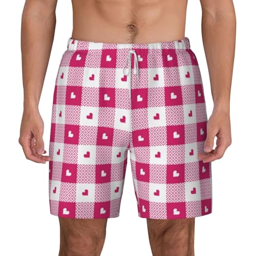 Hot Pink Plaid Heart Funny Men's Swim Trunks Board Shorts Quick Dry-